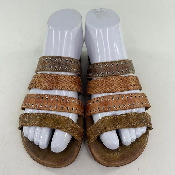 Bed Stu Henna Women's Sandals US 6.5 Brown Strappy Woven Leather Studded Slide - Picture 4 of 11